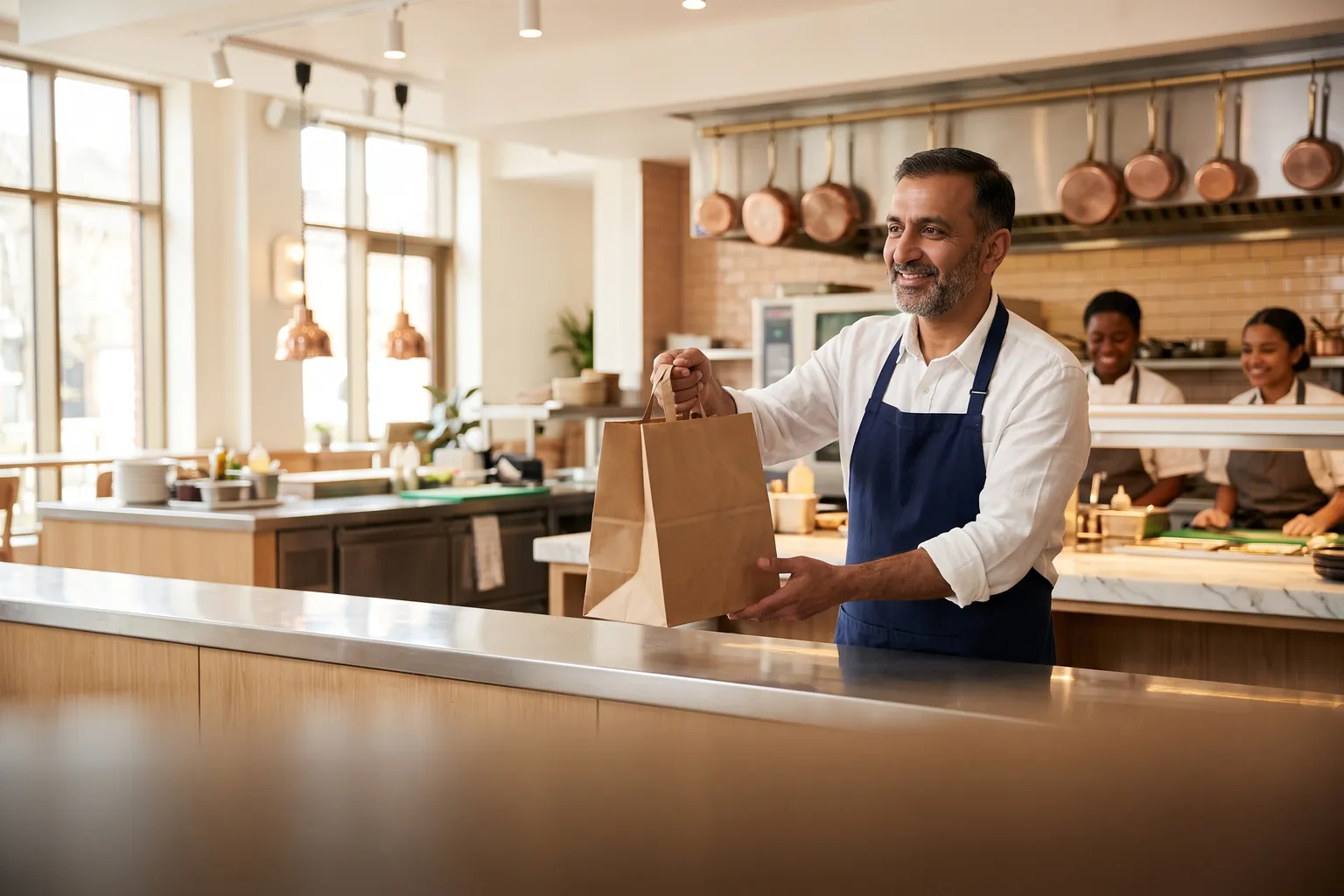 Illustration of a halal restaurant owner handing over a takeout order with a business dashboard